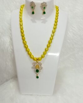 Lemon Yellow Freshwater Pearl With Emerald Green American Diamond Stone Pendent