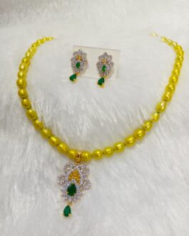 Lemon Yellow Freshwater Pearl With Emerald Green American Diamond Stone Pendent