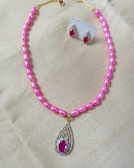 Pink Freshwater Pearl With American Diamond Stone Pendent