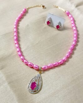 Pink Freshwater Pearl With American Diamond Stone Pendent