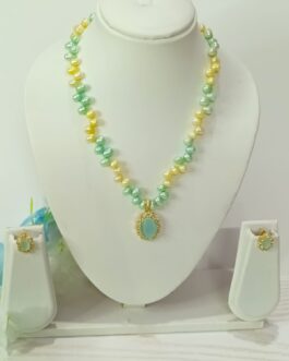 Sea Green and Yellow dual colour Freshwater Pearl Necklace With Monalisa Stone Pendent