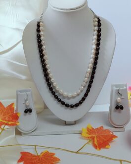 White & Metallic Black Two Layered Freshwater Pearl Necklace