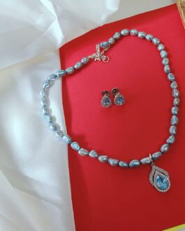 Aqua Blue Baroque Pearl Necklace With Aqua Blue Stone Pendent