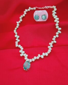 Sea Green color Freshwater Pearl Necklace With Monalisa Stone Pendent