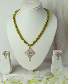 Olive Green Freshwater Pearl With American Diamond Stone Pendent