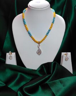 Sky Blue & Yellow Dual Colour Fresh Water Pearl With American Diamond Stone Pendent