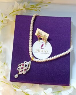 White Freshwater Pearl Necklace with Pink American Diamond Stone Pendent