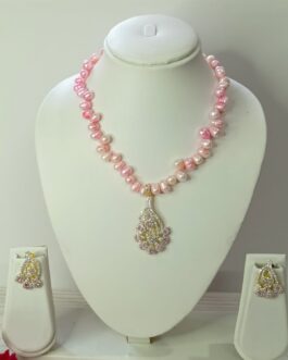 Baby Pink Freshwater Pearl With Pink American Diamond Stone Pendent